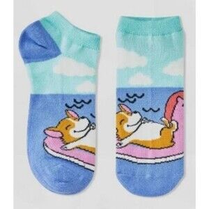 Hello Socks! Women Low Cut Corgi Vacation on Unicorn Float Sock NWT 1Pair Sz4-10